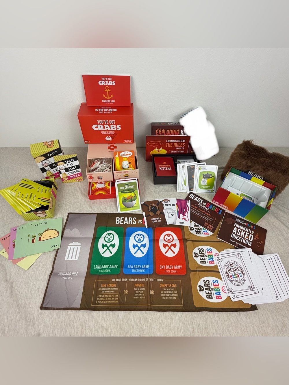 Family Game Night Bundle of 4 Exploding Kittens Bears vs Babies Taco Cat Crabs